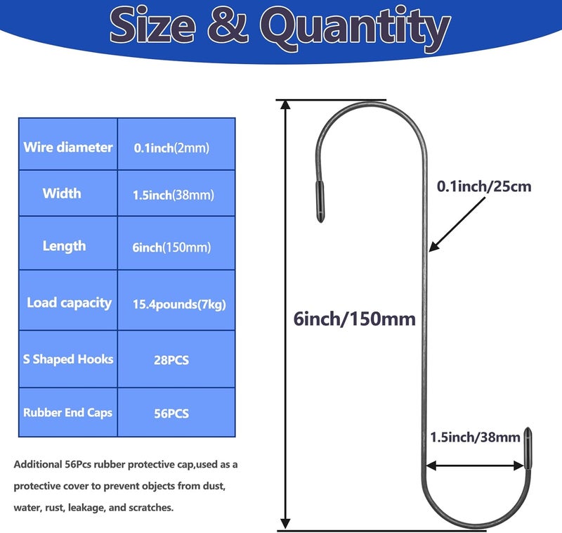 Klfte 28PCS Metal Durable 6 Inches Long S Shaped Hooks Hanger 0.1'' Wire Plant Paint Powder Coating DIY Hanging Hooks with 56PCS Rubber End Caps - Image 2